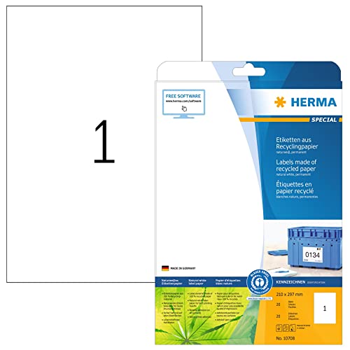 HERMA 10708 Recycling Etiketten, 20 Blatt, 210 x 297 mm, 1 pro A4 Bogen, 20 Stück, selbstklebend, bedruckbar, matt, blanko Recycling-Papier Klebeetiketten Aufkleber, natur-weiß von HERMA