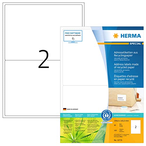 HERMA 10735 Recycling Etiketten, 80 Blatt, 199,6 x 143,5 mm, 2 pro A4 Bogen, 160 Stück, selbstklebend, bedruckbar, matt, blanko Recycling-Papier Klebeetiketten Aufkleber, natur-weiß von HERMA