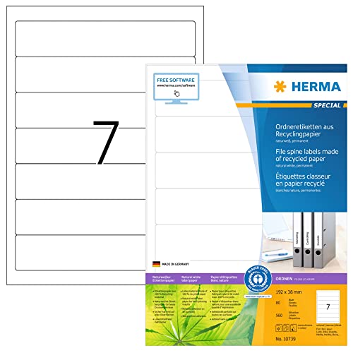 HERMA 10739 Recycling Ordnerrücken Etiketten kurz schmal, 80 Blatt, 192 x 38 mm, 7 pro A4 Bogen, 560 Stück, selbstklebend, bedruckbar, blickdicht, Ordneretiketten Rückenschilder Aufkleber, natur-weiß HERMA 10739 Recycling Ordnerrücken Etiketten kurz schmal, 80 Blatt, 192 x 38 mm, 7 pro A4 Bogen, 560 Stück, selbstklebend, bedruckbar, blickdicht, Ordneretiketten Rückenschilder Aufkleber, natur-weiß von HERMA