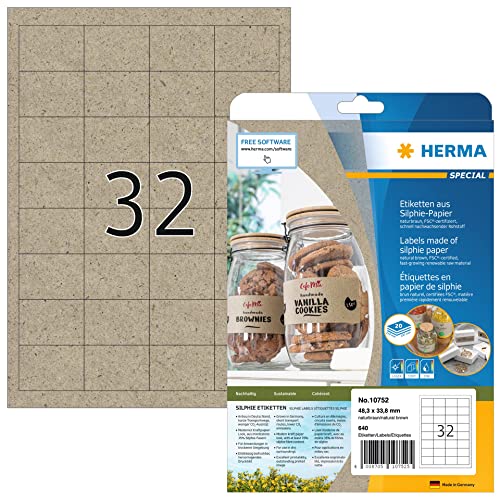 HERMA 10752 Universal Etiketten, 20 Blatt, 48,3 x 33,8 mm, 32 pro A4 Bogen, 640 Stück, selbstklebend, bedruckbar, matt, blanko Silphie-Papier Klebeetiketten Aufkleber, natur-braun von HERMA