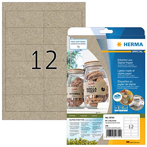 HERMA 10754 Universal Etiketten, 20 Blatt, 97 x 42,3 mm, 12 pro A4 Bogen, 240 Stück, selbstklebend, bedruckbar, matt, blanko Silphie-Papier Klebeetiketten Aufkleber, natur-braun von HERMA