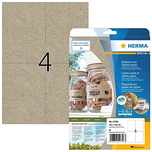 HERMA 10756 Universal Etiketten, 20 Blatt, 105 x 148 mm, 4 pro A4 Bogen, 80 Stück, selbstklebend, bedruckbar, matt, blanko Silphie-Papier Klebeetiketten Aufkleber, natur-braun von HERMA