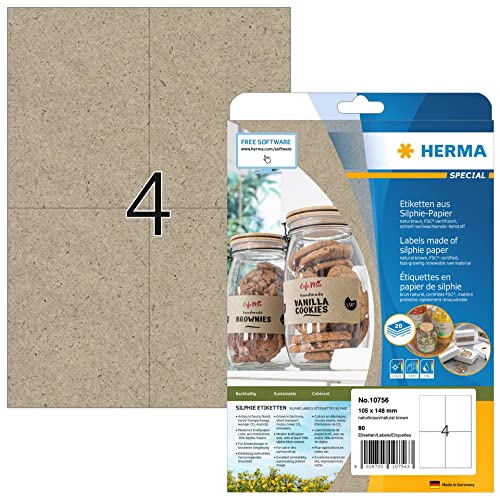 HERMA 10756 Universal Etiketten aus Graspapier, 20 Blatt, 105 x 148 mm, 4 pro A4 Bogen, 80 Stück, selbstklebend, bedruckbar, matt, blanko Silphie-Papier Klebeetiketten Aufkleber, natur-braun HERMA 10756 Universal Etiketten aus Graspapier, 20 Blatt, 105 x 148 mm, 4 pro A4 Bogen, 80 Stück, selbstklebend, bedruckbar, matt, blanko Silphie-Papier Klebeetiketten Aufkleber, natur-braun von HERMA