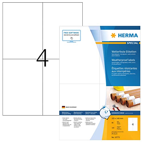 HERMA 10773 Wetterfeste Etiketten imprägniert, 80 Blatt, 105 x 148 mm, 4 Stück pro A4 Bogen, 320 Aufkleber, selbstklebend, bedruckbar, matt, blanko Outdoor Klebeetiketten aus Spezialpapier, weiß HERMA 10773 Wetterfeste Etiketten imprägniert, 80 Blatt, 105 x 148 mm, 4 Stück pro A4 Bogen, 320 Aufkleber, selbstklebend, bedruckbar, matt, blanko Outdoor Klebeetiketten aus Spezialpapier, weiß von HERMA