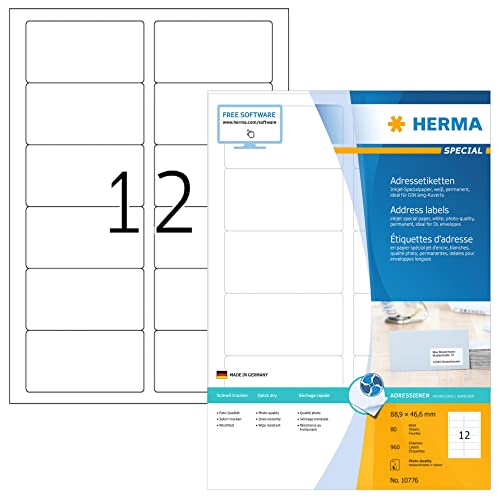HERMA 10776 Adressetiketten für Inkjet Drucker, 80 Blatt, 88,9 x 46,6 mm, 12 pro A4 Bogen, 960 Stück, selbstklebend, bedruckbar, matt, blanko Adressaufkleber Etiketten für Tintenstrahldrucker, weiß HERMA 10776 Adressetiketten für Inkjet Drucker, 80 Blatt, 88,9 x 46,6 mm, 12 pro A4 Bogen, 960 Stück, selbstklebend, bedruckbar, matt, blanko Adressaufkleber Etiketten für Tintenstrahldrucker, weiß von HERMA