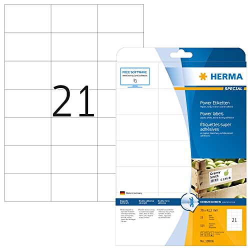 HERMA 10906 Power Etiketten, 800 Blatt, 70 x 42 mm, 21 pro A4 Bogen, 16800 Stück, selbstklebend, bedruckbar, extrem stark haftend, blanko Papier Klebeetiketten Aufkleber, weiß HERMA 10906 Power Etiketten, 800 Blatt, 70 x 42 mm, 21 pro A4 Bogen, 16800 Stück, selbstklebend, bedruckbar, extrem stark haftend, blanko Papier Klebeetiketten Aufkleber, weiß von HERMA