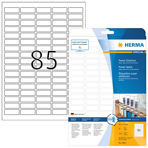 HERMA 10917 Power Etiketten, 25 Blatt, 37 x 13 mm, 85 pro A4 Bogen, 2125 Stück, selbstklebend, bedruckbar, extrem stark haftend, blanko Papier Klebeetiketten Aufkleber, weiß von HERMA