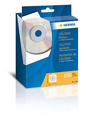 HERMA 1140 CD DVD Papier-Schutzhüllen, 100 Stück, CD Umschläge Papierleerhüllen mit Sichtfenster, DVD Schutzhüllen Papierhüllen mit Fenster, Rückseite selbstklebend, weiß von HERMA