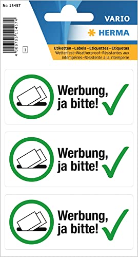 HERMA 15457 Werbung ja bitte Aufkleber wetterfest, 3 Stück, 79 x 34 mm, selbstklebend, groß, kostenlose Zeitungen und Reklame im Briefkasten erwünscht Etiketten Schild aus langlebiger Folie, weiß von HERMA