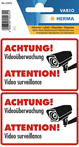 HERMA 15474 Videoüberwachung Aufkleber wetterfest, 2 Stück, 85 x 55 mm, selbstklebend, groß, videoüberwacht Etiketten Schild aus langlebiger Folie für Außen- und Innenbereich, weiß HERMA 15474 Videoüberwachung Aufkleber wetterfest, 2 Stück, 85 x 55 mm, selbstklebend, groß, videoüberwacht Etiketten Schild aus langlebiger Folie für Außen- und Innenbereich, weiß von HERMA