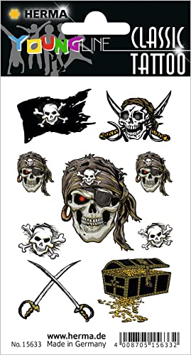HERMA 15633 Temporäre Tattoos Totenkopf, 9 Stück, Klebetattoos zum Aufkleben, Fake Tattoos Aufkleber mit Piraten Piratenflagge Motiv, Kindertattoos Sticker für Fasching Karneval Kinder Erwachsene HERMA 15633 Temporäre Tattoos Totenkopf, 9 Stück, Klebetattoos zum Aufkleben, Fake Tattoos Aufkleber mit Piraten Piratenflagge Motiv, Kindertattoos Sticker für Fasching Karneval Kinder Erwachsene von HERMA
