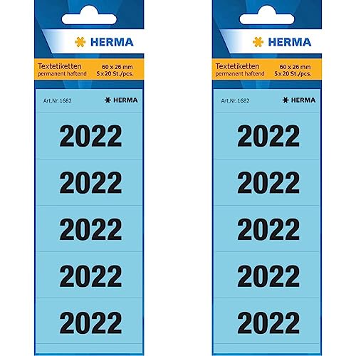HERMA 1682 Jahreszahlen Aufkleber 2022 für Ordner (60 x 26 mm, Papier, matt, blickdicht) selbstklebend, permanent haftende Textetiketten, 100 Etiketten, blau (Packung mit 2) von HERMA