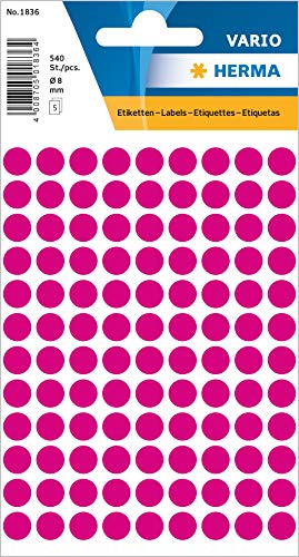 HERMA 1836 Punktaufkleber Klebepunkte pink rosa, 540 Stück, Ø 8 mm, 108 pro Bogen, selbstklebend, Markierungspunkte für Kalender Planer Basteln, matt, blanko Papier Farbpunkte Etiketten Aufkleber von HERMA