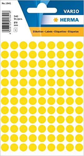 HERMA 1841 Punktaufkleber Klebepunkte gelb, 540 Stück, Ø 8 mm, 108 pro Bogen, selbstklebend, Markierungspunkte für Kalender Planer Basteln, matt, blanko Papier Farbpunkte Etiketten Aufkleber von HERMA