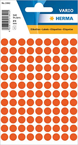 HERMA 1842 Punktaufkleber Klebepunkte rot, 540 Stück, Ø 8 mm, 108 pro Bogen, selbstklebend, Markierungspunkte für Kalender Planer Basteln, matt, blanko Papier Farbpunkte Etiketten Aufkleber von HERMA