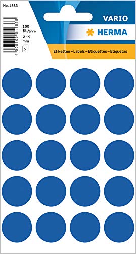 HERMA 1883 Punktaufkleber Klebepunkte blau, 100 Stück, Ø 19 mm, 20 pro Bogen, selbstklebend, Markierungspunkte für Kalender Planer Basteln, matt, blanko Papier Farbpunkte Etiketten Aufkleber von HERMA
