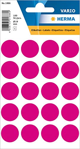 HERMA 1886 Punktaufkleber Klebepunkte pink rosa, 100 Stück, Ø 19 mm, 20 pro Bogen, selbstklebend, Markierungspunkte für Kalender Planer Basteln, matt, blanko Papier Farbpunkte Etiketten Aufkleber von HERMA