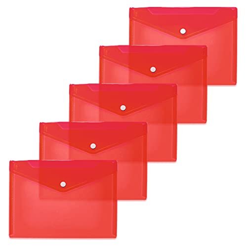 HERMA 20054 Dokumententaschen A5 transparent rot, 5 Stück, kleine Sichttaschen Umschläge mit Druckknopf, Briefumschläge aus Plastik für Schule, Uni, Büro, Reise von HERMA