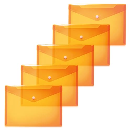 HERMA 20057 Dokumententaschen A5 transparent orange, 5 Stück, kleine Sichttaschen Umschläge mit Druckknopf, Briefumschläge aus Plastik für Schule, Uni, Büro, Reise von HERMA
