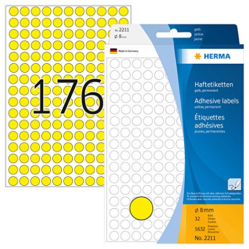 HERMA 2211 Punktaufkleber Klebepunkte gelb, 5632 Stück, Ø 8 mm, 176 pro Bogen, selbstklebend, Markierungspunkte für Kalender Planer Basteln, matt, blanko Papier Farbpunkte Aufkleber von HERMA