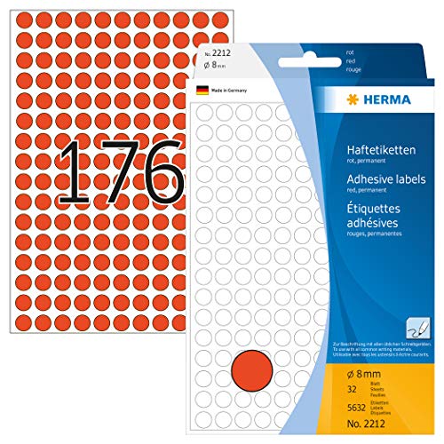 HERMA 2212 Punktaufkleber Klebepunkte rot, 5632 Stück, Ø 8 mm, 176 pro Bogen, selbstklebend, Markierungspunkte für Kalender Planer Basteln, matt, blanko Papier Farbpunkte Aufkleber von HERMA