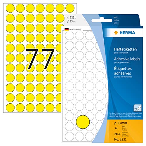 HERMA 2231 Punktaufkleber Klebepunkte gelb, 2464 Stück, Ø 13 mm, 77 pro Bogen, selbstklebend, Markierungspunkte für Kalender Planer Basteln, matt, blanko Papier Farbpunkte Aufkleber von HERMA