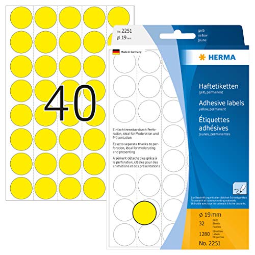 HERMA 2251 Punktaufkleber Klebepunkte perforiert gelb, 1280 Stück, Ø 19 mm, 40 pro Bogen, selbstklebend, Markierungspunkte für Kalender Planer, matt, blanko Papier Farbpunkte Aufkleber von HERMA