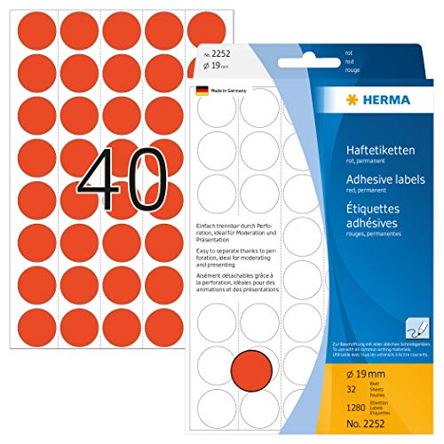 HERMA 2252 Punktaufkleber Klebepunkte perforiert rot, 1280 Stück, Ø 19 mm, 40 pro Bogen, selbstklebend, Markierungspunkte für Kalender Planer, matt, blanko Papier Farbpunkte Aufkleber von HERMA