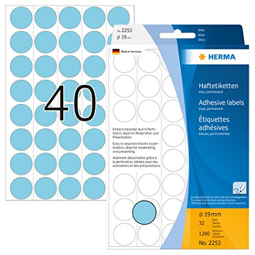 HERMA 2253 Punktaufkleber Klebepunkte perforiert blau, 1280 Stück, Ø 19 mm, 40 pro Bogen, selbstklebend, Markierungspunkte für Kalender Planer, matt, blanko Papier Farbpunkte Aufkleber HERMA 2253 Punktaufkleber Klebepunkte perforiert blau, 1280 Stück, Ø 19 mm, 40 pro Bogen, selbstklebend, Markierungspunkte für Kalender Planer, matt, blanko Papier Farbpunkte Aufkleber von HERMA
