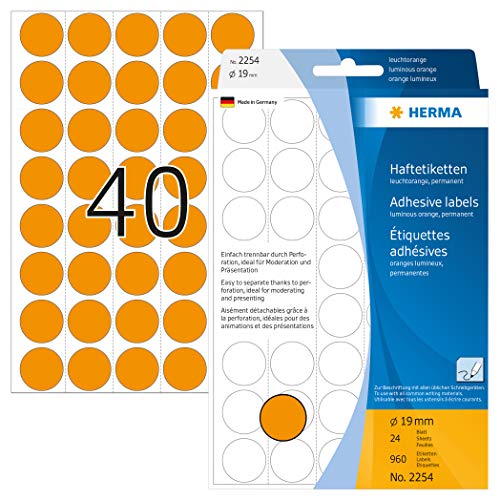 HERMA 2254 Punktaufkleber Klebepunkte perforiert leuchtorange, 960 Stück, Ø 19 mm, 40 pro Bogen, selbstklebend, Markierungspunkte für Kalender Planer, matt, Papier Farbpunkte Aufkleber von HERMA