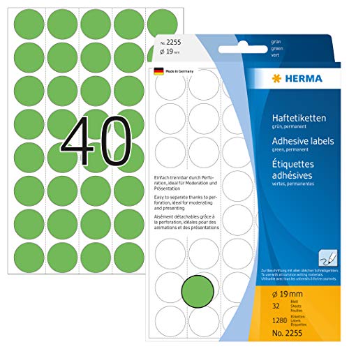 HERMA 2255 Punktaufkleber Klebepunkte perforiert grün, 1280 Stück, Ø 19 mm, 40 pro Bogen, selbstklebend, Markierungspunkte für Kalender Planer, matt, blanko Papier Farbpunkte Aufkleber HERMA 2255 Punktaufkleber Klebepunkte perforiert grün, 1280 Stück, Ø 19 mm, 40 pro Bogen, selbstklebend, Markierungspunkte für Kalender Planer, matt, blanko Papier Farbpunkte Aufkleber von HERMA