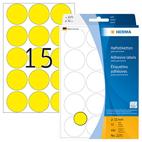 HERMA 2271 Punktaufkleber Klebepunkte gelb, 480 Stück, Ø 32 mm, 15 pro Bogen, selbstklebend, Markierungspunkte für Kalender Planer Basteln, matt, blanko Papier Farbpunkte Aufkleber von HERMA