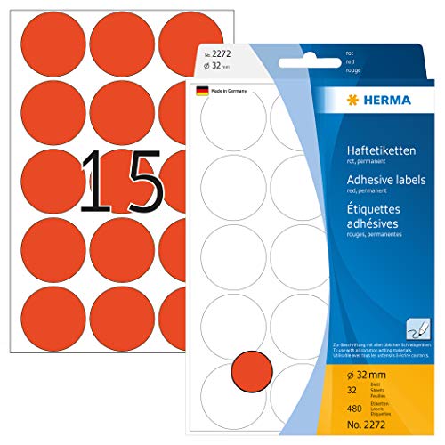 HERMA 2272 Punktaufkleber Klebepunkte rot, 480 Stück, Ø 32 mm, 15 pro Bogen, selbstklebend, Markierungspunkte für Kalender Planer Basteln, matt, blanko Papier Farbpunkte Aufkleber von HERMA