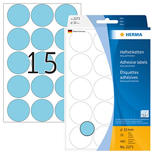 HERMA 2273 Punktaufkleber Klebepunkte blau, 480 Stück, Ø 32 mm, 15 pro Bogen, selbstklebend, Markierungspunkte für Kalender Planer Basteln, matt, blanko Papier Farbpunkte Aufkleber von HERMA