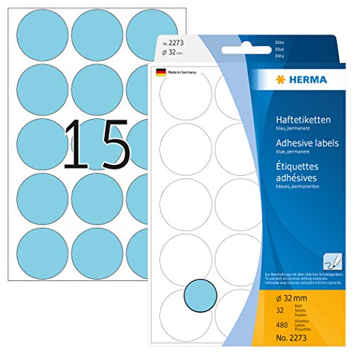 HERMA 2273 Punktaufkleber Klebepunkte blau, 480 Stück, Ø 32 mm, 15 pro Bogen, selbstklebend, Markierungspunkte für Kalender Planer Basteln, matt, blanko Papier Farbpunkte Aufkleber HERMA 2273 Punktaufkleber Klebepunkte blau, 480 Stück, Ø 32 mm, 15 pro Bogen, selbstklebend, Markierungspunkte für Kalender Planer Basteln, matt, blanko Papier Farbpunkte Aufkleber von HERMA