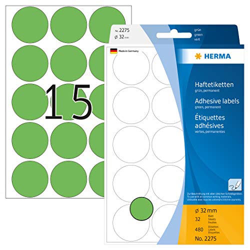 HERMA 2275 Punktaufkleber Klebepunkte grün, 480 Stück, Ø 32 mm, 15 pro Bogen, selbstklebend, Markierungspunkte für Kalender Planer Basteln, matt, blanko Papier Farbpunkte Aufkleber von HERMA