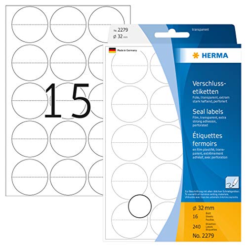 HERMA 2279 Verschlussetiketten transparent perforiert rund, 240 Stück, Ø 32 mm, 15 pro Bogen, selbstklebend, Sicherheitsetiketten Aufkleber zum Beschriften, matt, blanko Siegel Etiketten aus Folie von HERMA