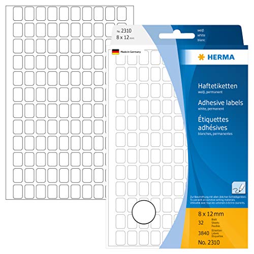 HERMA 2310 Vielzweck-Etiketten, 3840 Stück, 8 x 12 mm, 120 pro Bogen, selbstklebend, Haushaltsetiketten zum Beschriften, matt, blanko Papier Klebeetiketten Aufkleber, weiß von HERMA