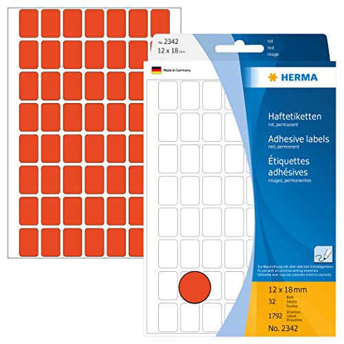HERMA 2342 Vielzweck-Etiketten, 1792 Stück, 12 x 18 mm, 56 pro Bogen, selbstklebend, Haushaltsetiketten zum Beschriften, matt, blanko Papier Klebeetiketten Aufkleber, rot HERMA 2342 Vielzweck-Etiketten, 1792 Stück, 12 x 18 mm, 56 pro Bogen, selbstklebend, Haushaltsetiketten zum Beschriften, matt, blanko Papier Klebeetiketten Aufkleber, rot von HERMA