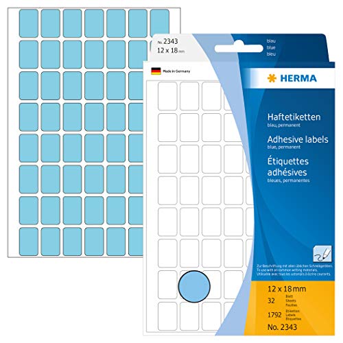 HERMA 2343 Vielzweck-Etiketten, 1792 Stück, 12 x 18 mm, 56 pro Bogen, selbstklebend, Haushaltsetiketten zum Beschriften, matt, blanko Papier Klebeetiketten Aufkleber, blau von HERMA