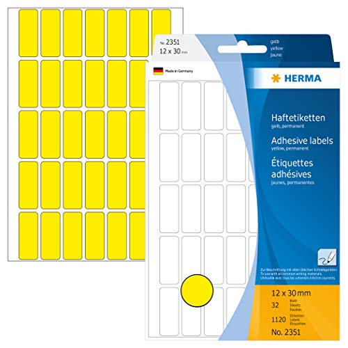 HERMA 2351 Vielzweck-Etiketten, 1120 Stück, 12 x 30 mm, 35 pro Bogen, selbstklebend, Haushaltsetiketten zum Beschriften, matt, blanko Papier Klebeetiketten Aufkleber, gelb von HERMA