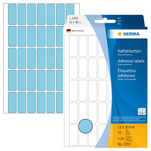 HERMA 2353 Vielzweck-Etiketten, 1120 Stück, 12 x 30 mm, 35 pro Bogen, selbstklebend, Haushaltsetiketten zum Beschriften, matt, blanko Papier Klebeetiketten Aufkleber, blau HERMA 2353 Vielzweck-Etiketten, 1120 Stück, 12 x 30 mm, 35 pro Bogen, selbstklebend, Haushaltsetiketten zum Beschriften, matt, blanko Papier Klebeetiketten Aufkleber, blau von HERMA