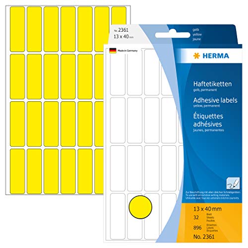 HERMA 2361 Vielzweck-Etiketten, 896 Stück, 13 x 40 mm, 28 pro Bogen, selbstklebend, Haushaltsetiketten zum Beschriften, matt, blanko Papier Klebeetiketten Aufkleber, gelb von HERMA