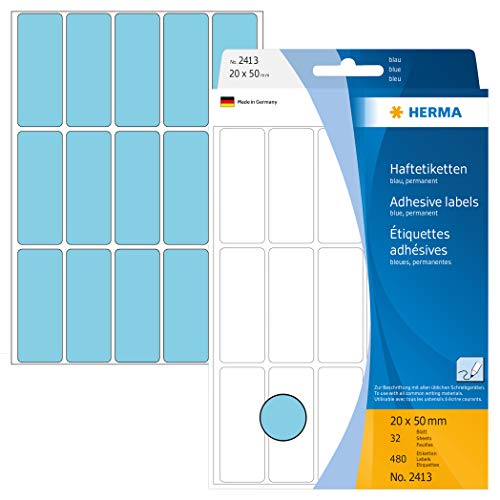 HERMA 2413 Vielzweck-Etiketten, 480 Stück, 20 x 50 mm, 15 pro Bogen, selbstklebend, Haushaltsetiketten zum Beschriften, matt, blanko Papier Klebeetiketten Aufkleber, blau von HERMA