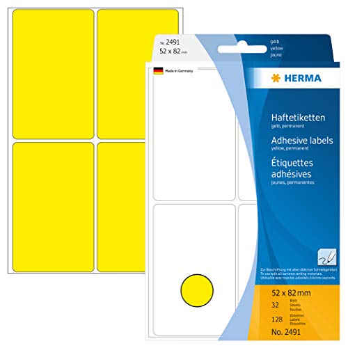 HERMA 2491 Vielzweck-Etiketten, 128 Stück, 52 x 82 mm, 4 pro Bogen, selbstklebend, Haushaltsetiketten zum Beschriften, matt, blanko Papier Klebeetiketten Aufkleber, gelb von HERMA