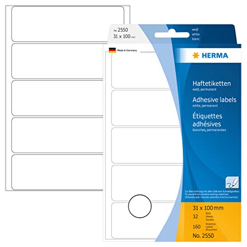 HERMA 2550 Vielzweck-Etiketten, 160 Stück, 31 x 100 mm, 5 pro Bogen, selbstklebend, Haushaltsetiketten zum Beschriften, matt, blanko Papier Klebeetiketten Aufkleber, weiß von HERMA