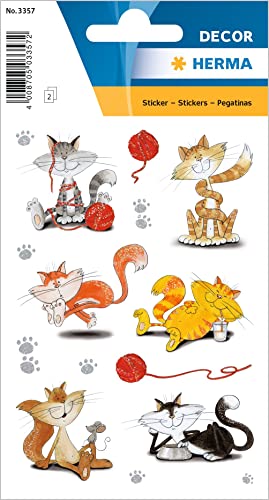 HERMA 3357 Aufkleber Katzen Glitzer klein, 16 Stück, Tiere Sticker mit lustigen Katzenpfoten Katzen Motiv, Kinder Etiketten für Fotoalbum Tagebuch Poesiealbum Scrapbooking Geburtstag Deko DIY Basteln von HERMA