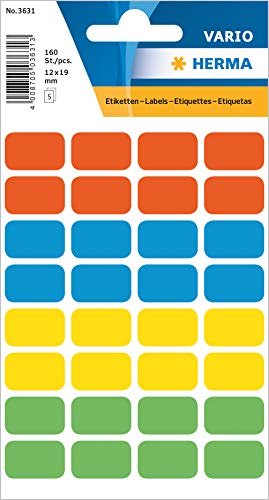 HERMA 3631 Vielzweck-Etiketten, 160 Stück, 12 x 18 mm, 32 pro Bogen, selbstklebend, Haushaltsetiketten zum Beschriften für Kalender Planer Basteln, matt, blanko Papier Klebeetiketten Aufkleber, bunt HERMA 3631 Vielzweck-Etiketten, 160 Stück, 12 x 18 mm, 32 pro Bogen, selbstklebend, Haushaltsetiketten zum Beschriften für Kalender Planer Basteln, matt, blanko Papier Klebeetiketten Aufkleber, bunt von HERMA
