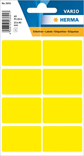 HERMA 3691 Vielzweck-Etiketten, 40 Stück, 25 x 40 mm, 8 pro Bogen, selbstklebend, Haushaltsetiketten zum Beschriften für Kalender Planer Basteln, matt, blanko Papier Klebeetiketten Aufkleber, gelb von HERMA