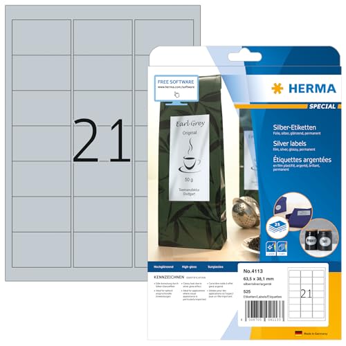 HERMA 4113 Wetterfeste Folienetiketten silber, 25 Blatt, 63,5 x 38,1 mm, 21 pro A4 Bogen, 252 Stück, selbstklebend, bedruckbar, glänzend, blanko Klebeetiketten Aufkleber aus Folie von HERMA